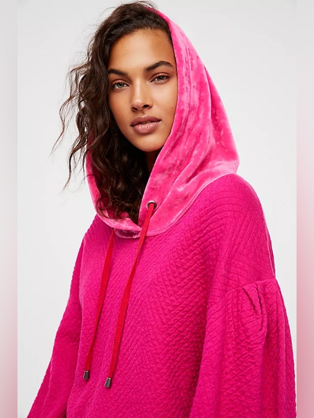 Free People Oversized Comfy Quilted Hoodie tunic sweatshirt fuchsia pink sz L
